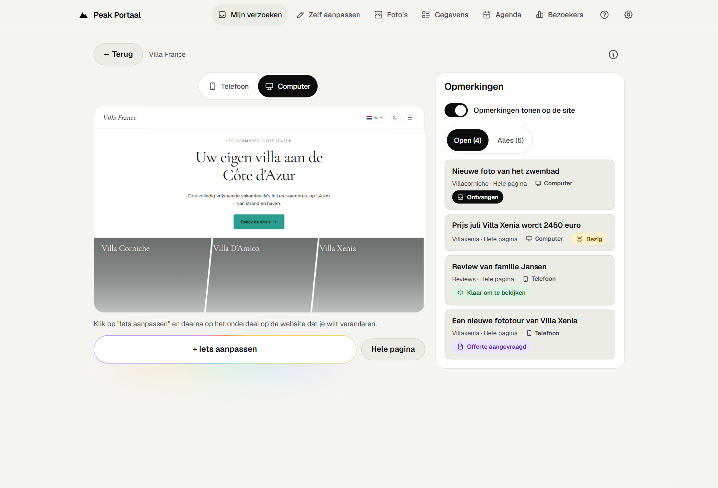 Voorbeeld van feedback & reacties in Peak Portaal