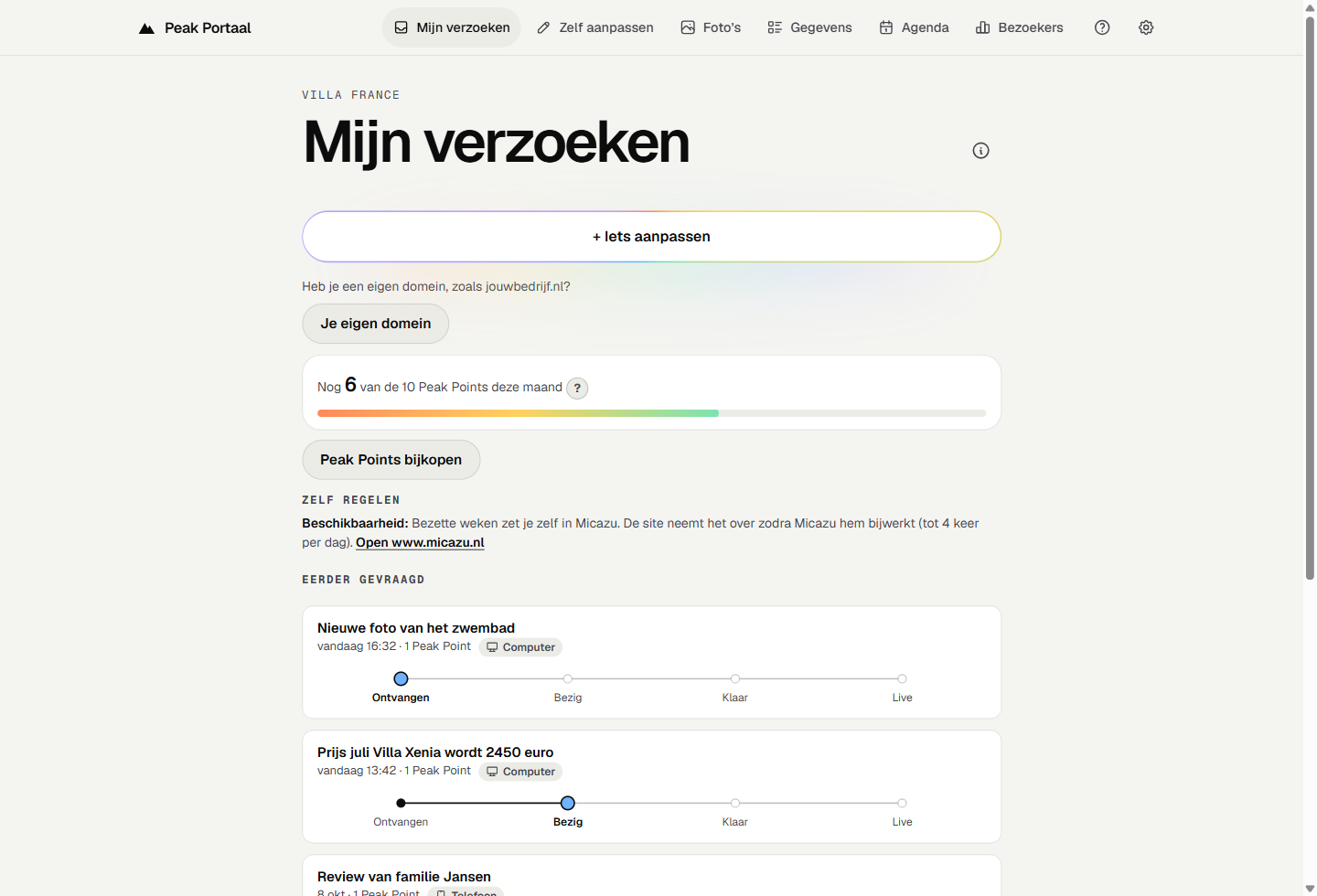 Voorbeeld van je verzoeken in Peak Portaal