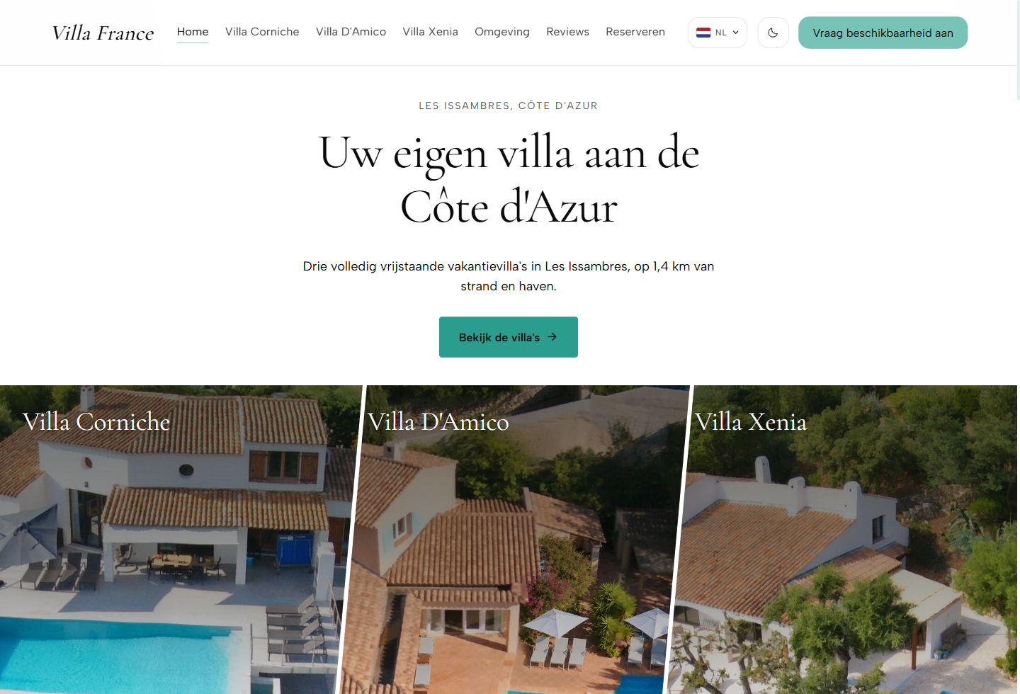 De Villa France-website met drie vakantievilla’s